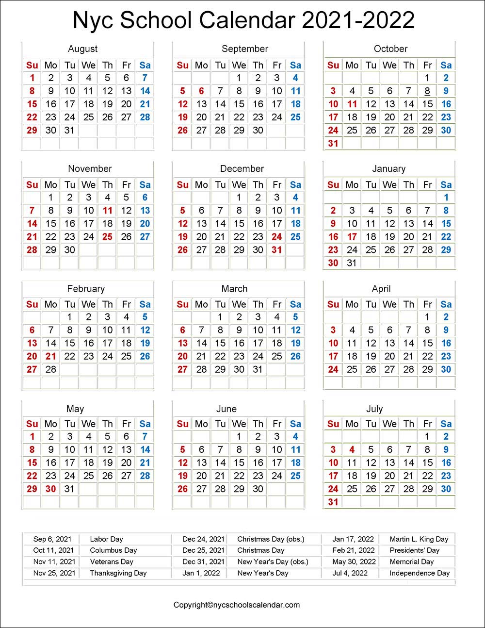 NYC DOE Calendar 2021