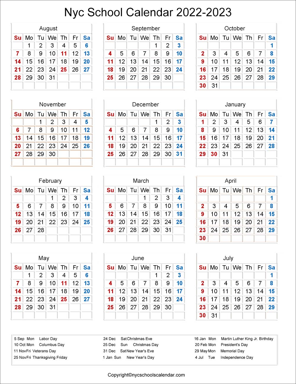 NYC DOE Calendar 2022