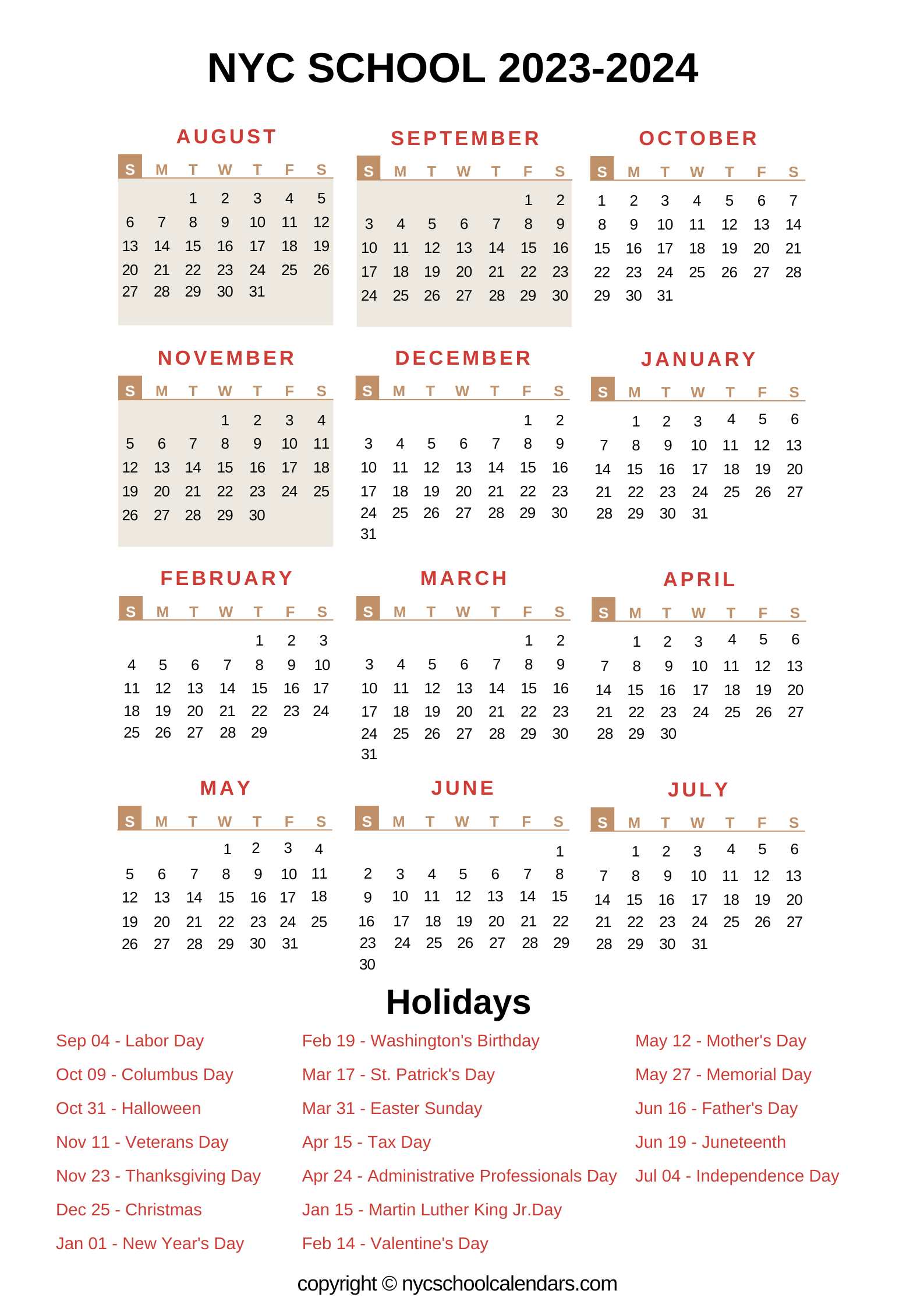 NYC School Holidays 2023 Calendar