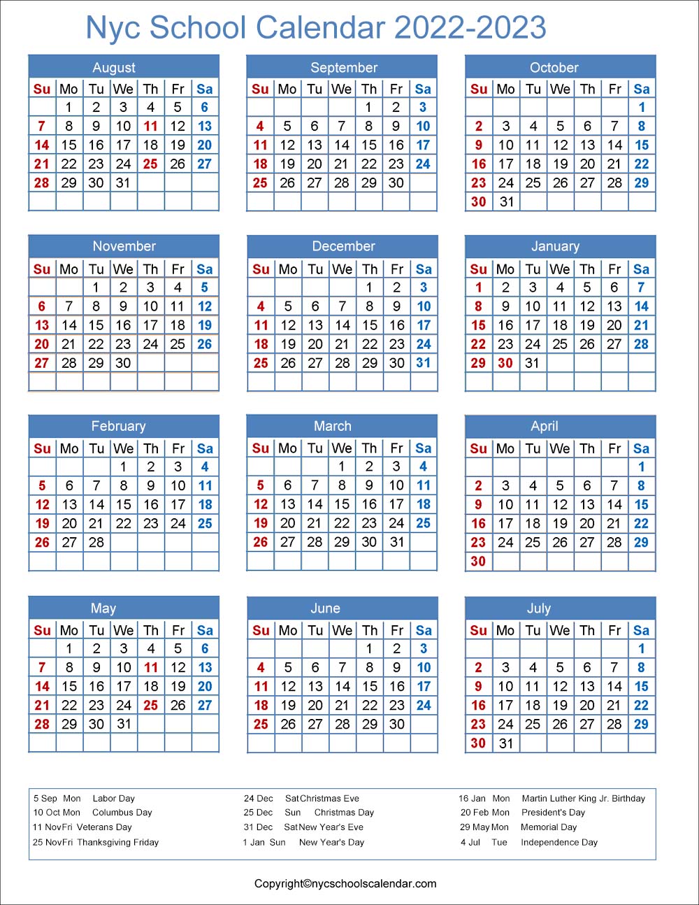NYC School Calendar 2022