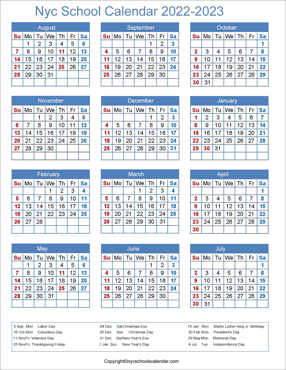 NYC School Calendar 2022 2023 