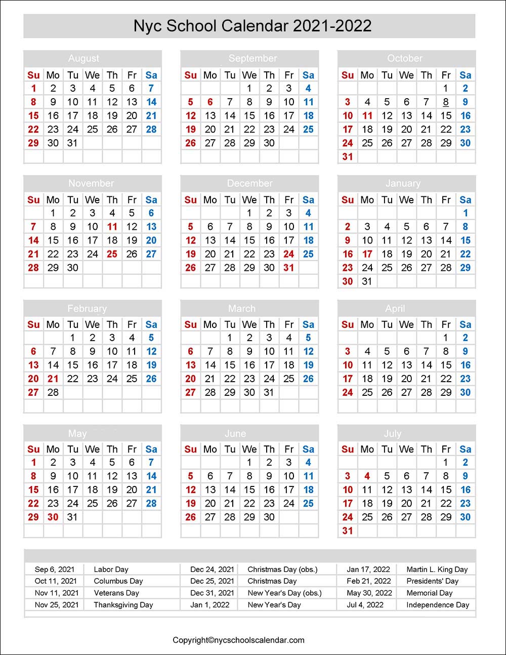 Doe Calendar 2022 23 Nyc ❤️Nyc School Holidays Calendar 2021-2022 ✓