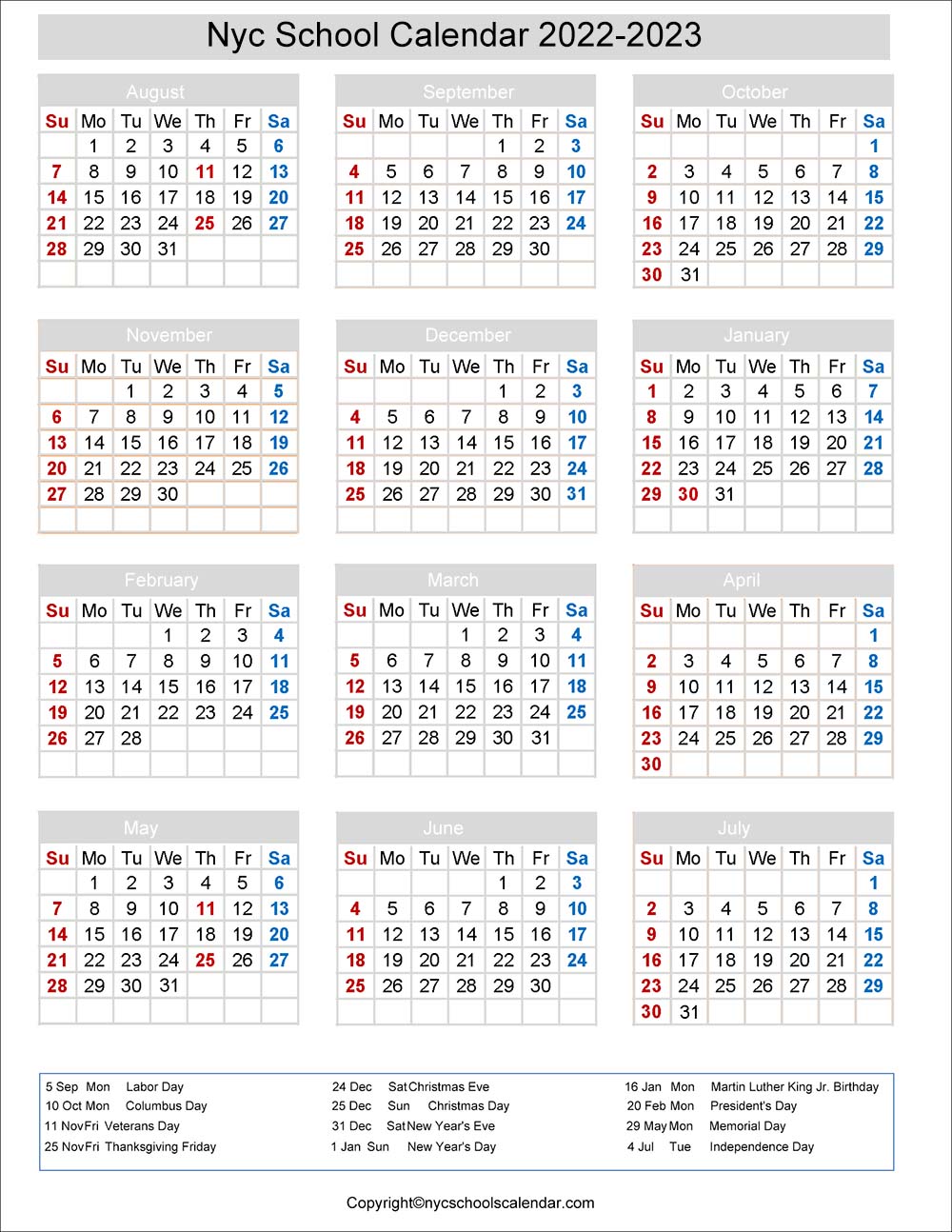  NYC School Calendar 2022 With Holidays New York 